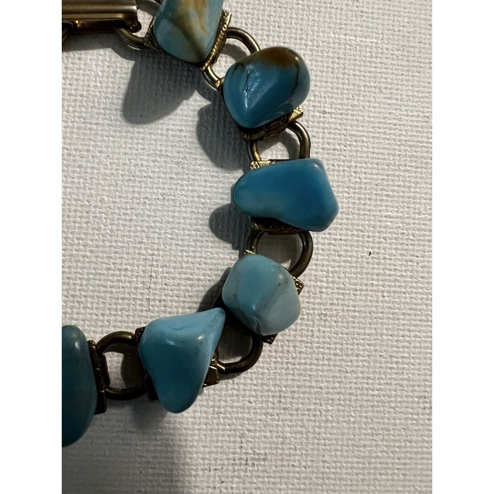 Vintage Silver Tone Book Chain Link Bracelet W Faux Turquoise Nuggets ~ 7" View 3